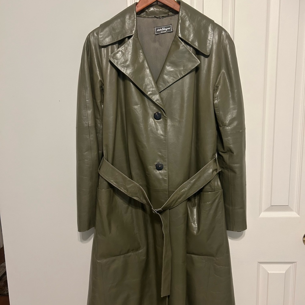 Salvatore Ferragamo Olive Green Leather Coat